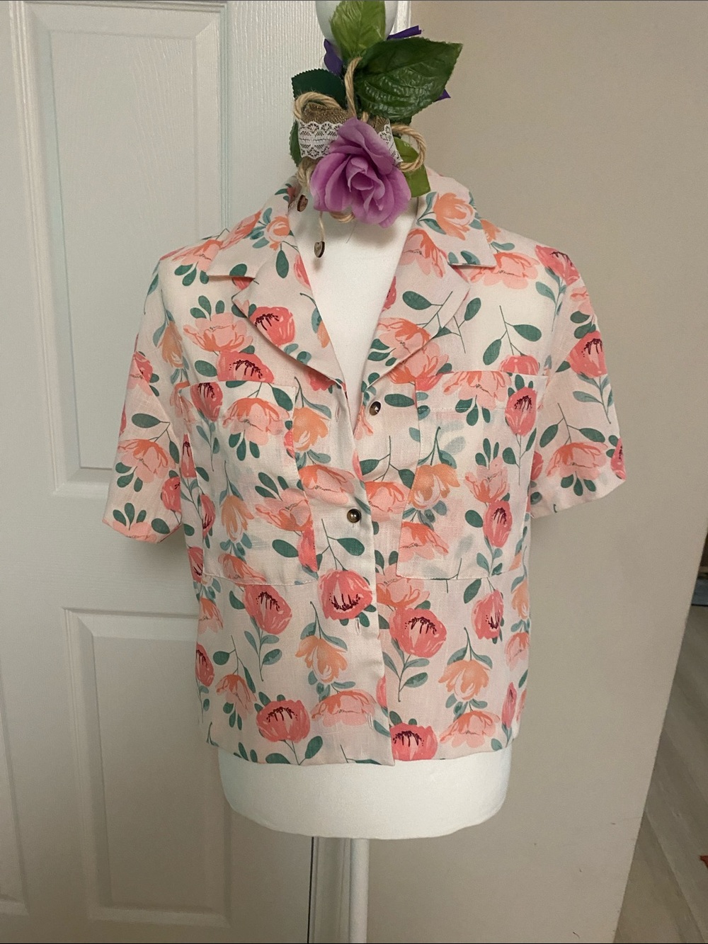 Floral Short-Sleeve Button Front Blouse - Pink Floral